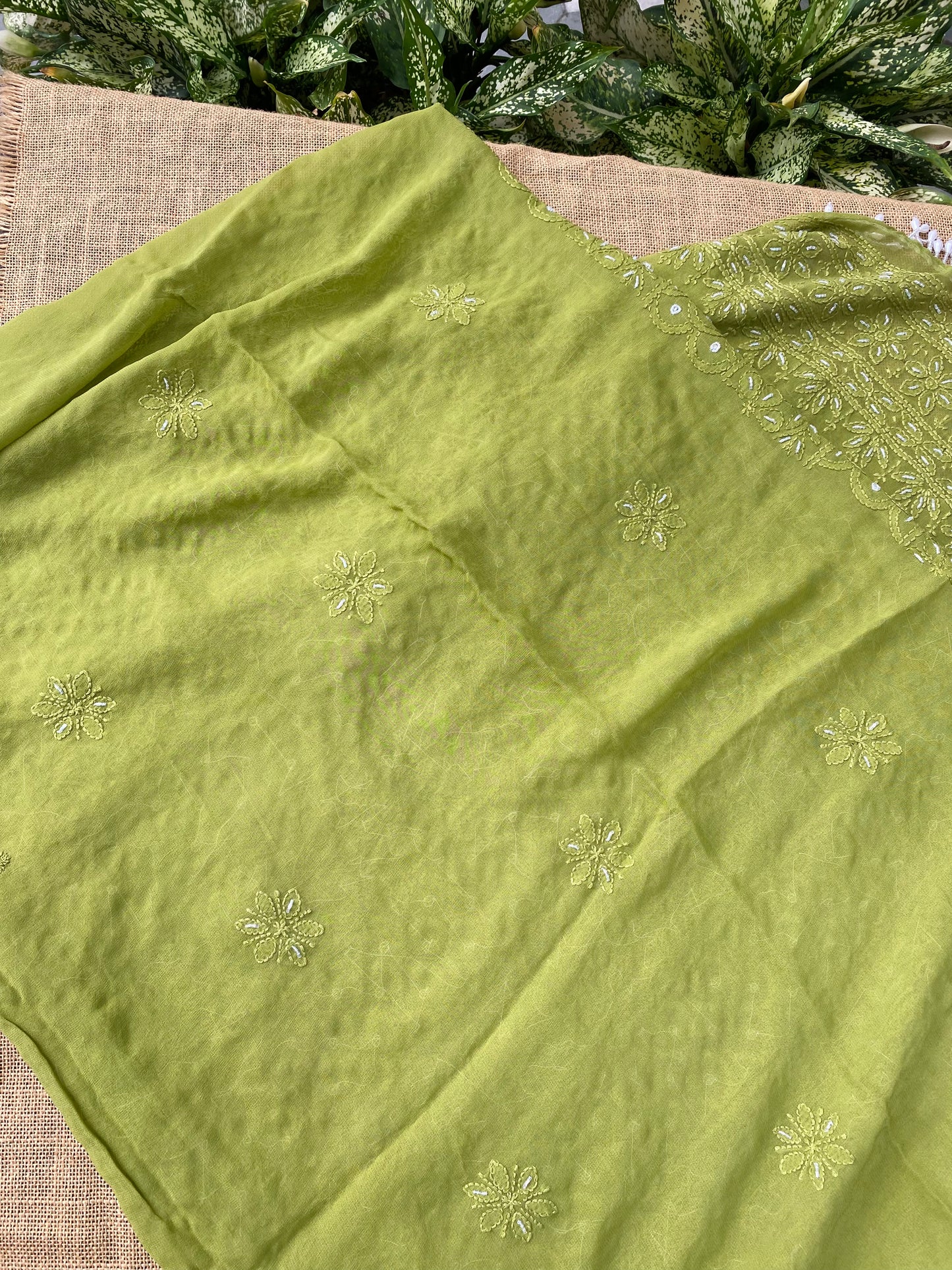 Rangrez Noor| Mehndi Green Chikankari with Pearls Unstitched Dress