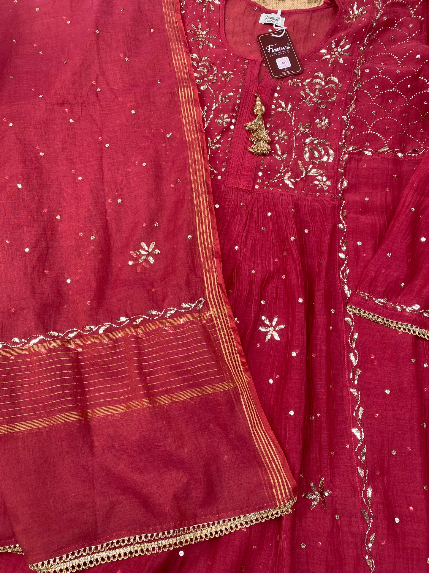 Roohani Semi Stitched Pitta Work Gown Dupatta Set - Red