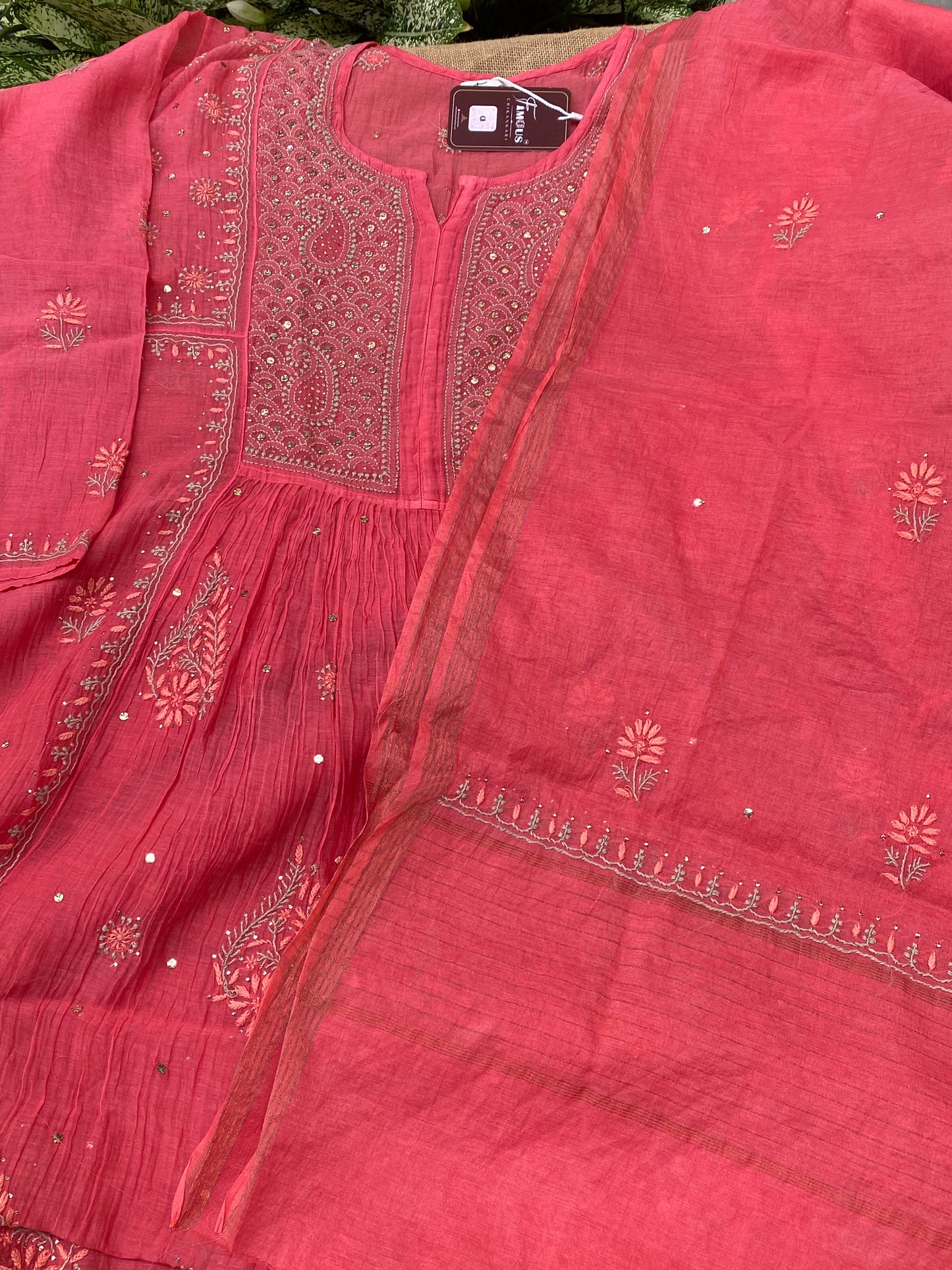 Zaraish Chikankari Semi-Stitched Mul Chanderi Gown With Dupatta-Carrot