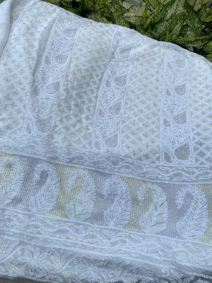 Rangrez Noor| White Chikankari Unstitched Suit with Multicolour Addons - Famous Chikankari
