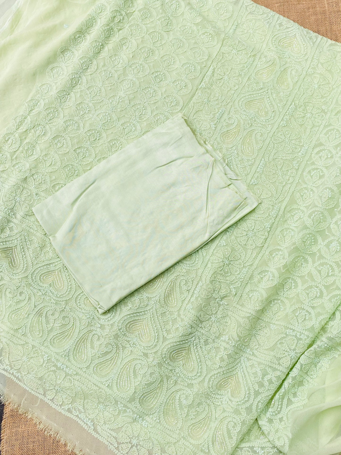 Rangrez Noor| Pista Green Chikankari Unstitched Suit with Pearl Addons