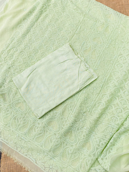 Rangrez Noor| Pista Green Chikankari Unstitched Suit with Pearl Addons