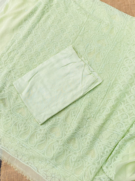 Rangrez Noor| Pista Green Chikankari Unstitched Suit with Pearl Addons
