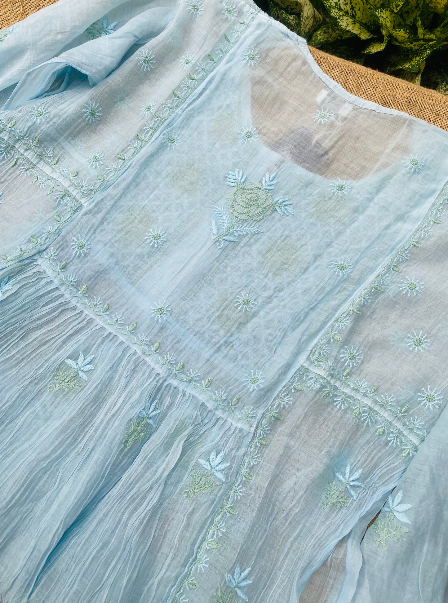 Sky Blue Chikankari Semi-Stitched Mul Chanderi Gown With Dupatta
