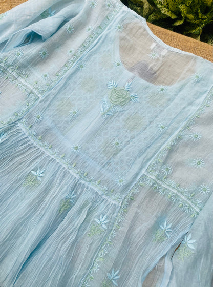 Sky Blue Chikankari Semi-Stitched Mul Chanderi Gown With Dupatta