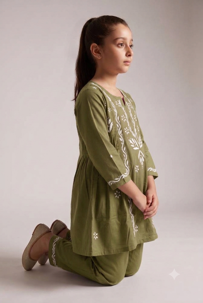 Little Jasmin - Henna Green Chikankari Side Pleated Kidswear Set