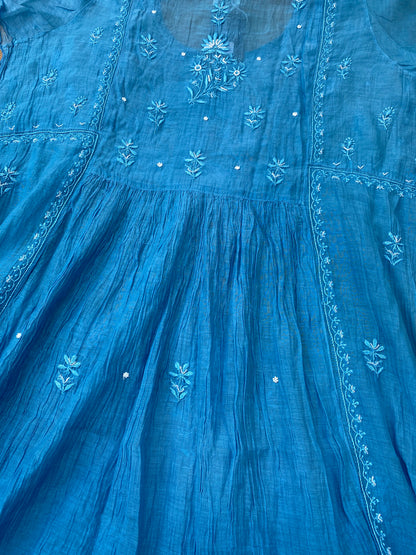 Rahat Blue Ombre Chikankari Semi-Stitched Gown with Dupatta
