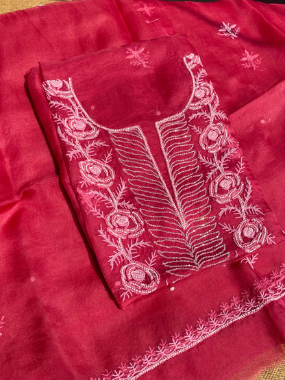 Meher Premium Organza Chikankari Unstiched Dress-Tomato Red