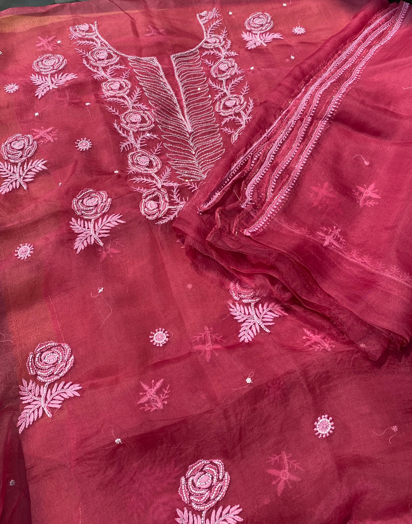 Meher Premium Organza Chikankari Unstiched Dress- Carrot Pink