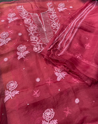 Meher Premium Organza Chikankari Unstiched Dress- Carrot Pink