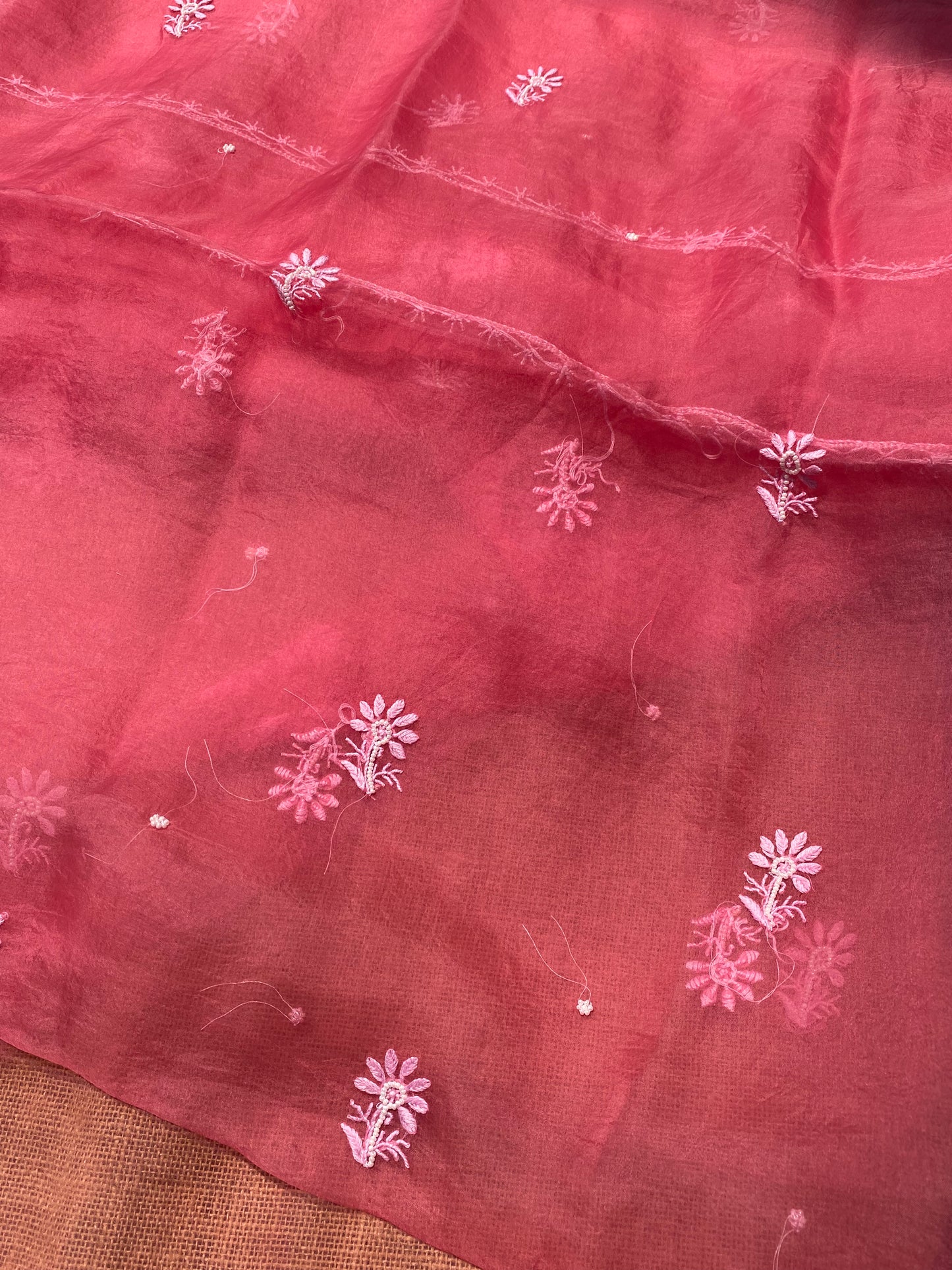 Meher Premium Organza Chikankari Unstiched Dress-Tomato Red