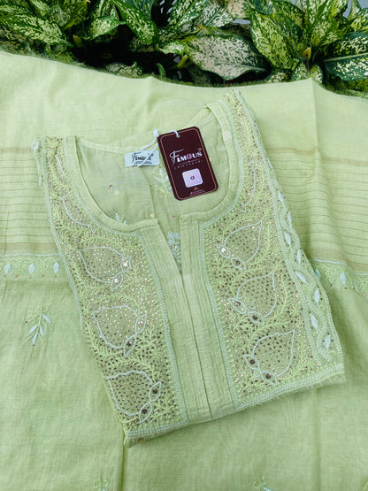 Zaraish Chikankari Semi-Stitched Mul Chanderi Gown With Dupatta-Pista Green