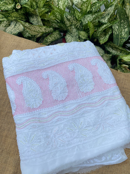 Rangrez Noor| White Chikankari Unstitched Suit with Multicolour Addons - Famous Chikankari