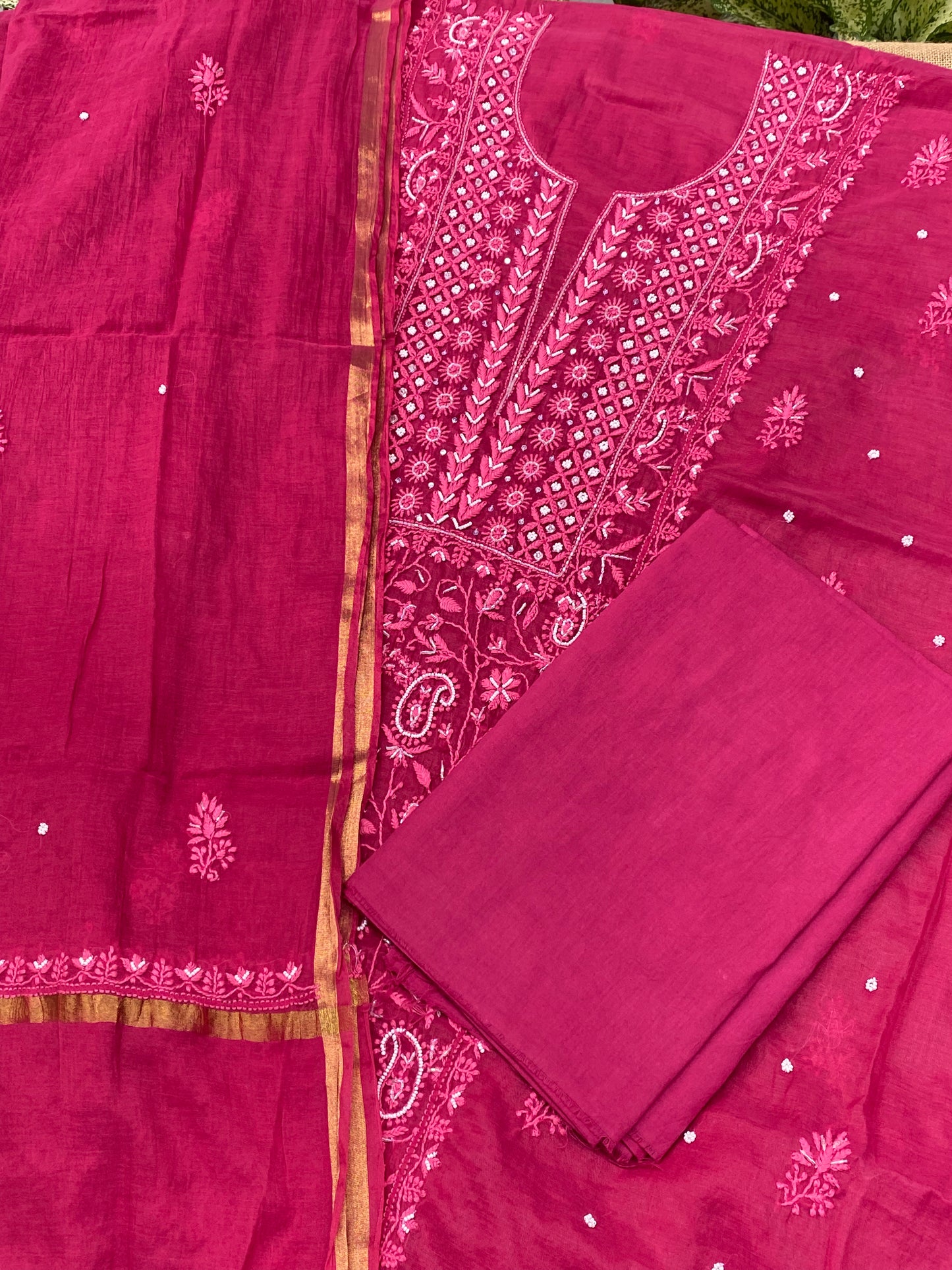 Mul Chanderi Chikankari Panel Work Unstitched Dress Material