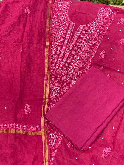 Mul Chanderi Chikankari Panel Work Unstitched Dress Material