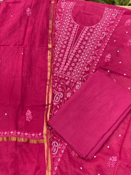 Mul Chanderi Chikankari Panel Work Unstitched Dress Material