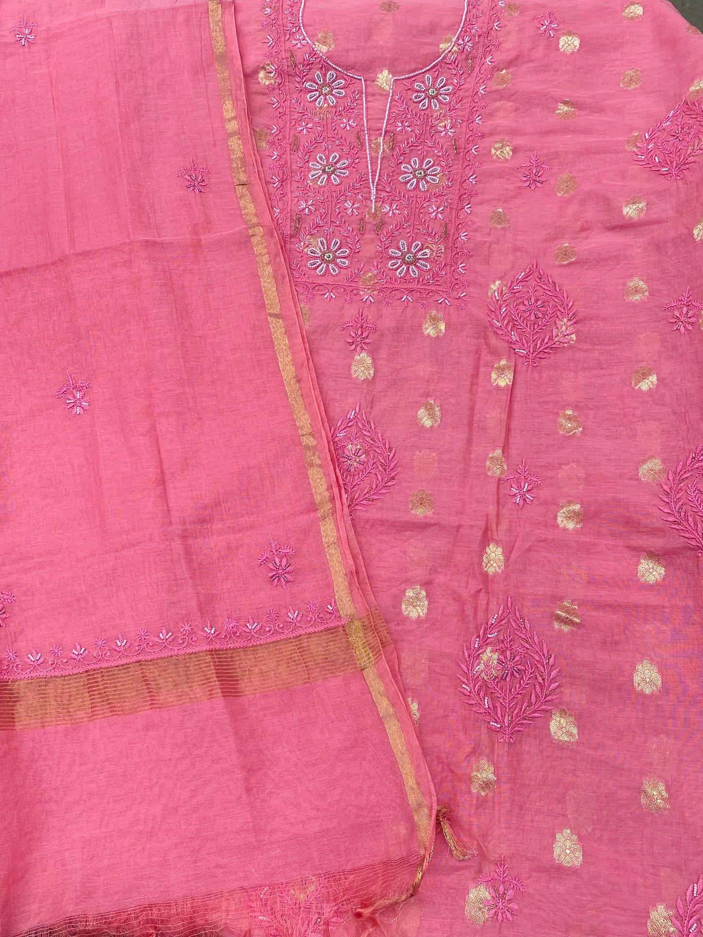 Peachish Pink Chanderi Silk Chikankari Unstitched Suit