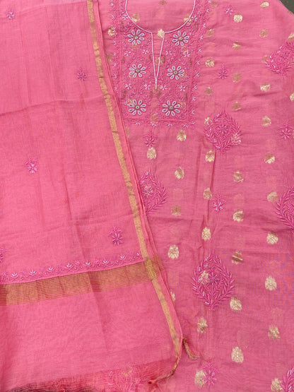 Peachish Pink Chanderi Silk Chikankari Unstitched Suit