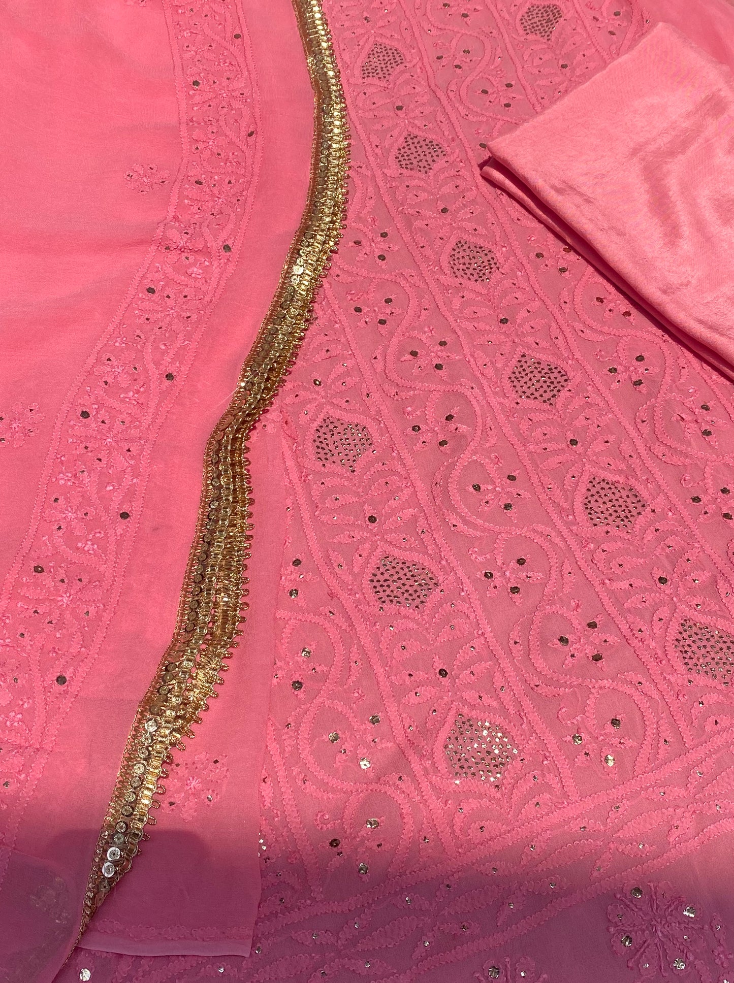 Sunehri Noor | Carrot Pink Chikankari Mukaish Unstitched Dress Set