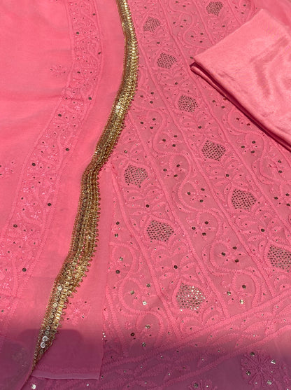 Sunehri Noor | Carrot Pink Chikankari Mukaish Unstitched Dress Set - Famous Chikankari
