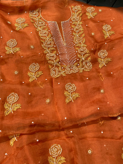 Meher Premium Organza Chikankari Unstiched Dress- Mustard