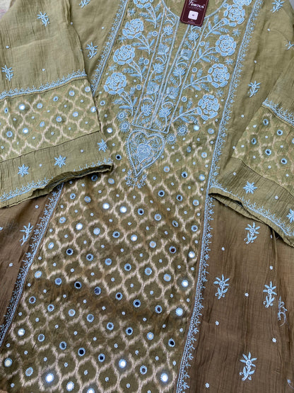 Sheesha Olive Green Ombre Chikankari Kurta & Dupatta