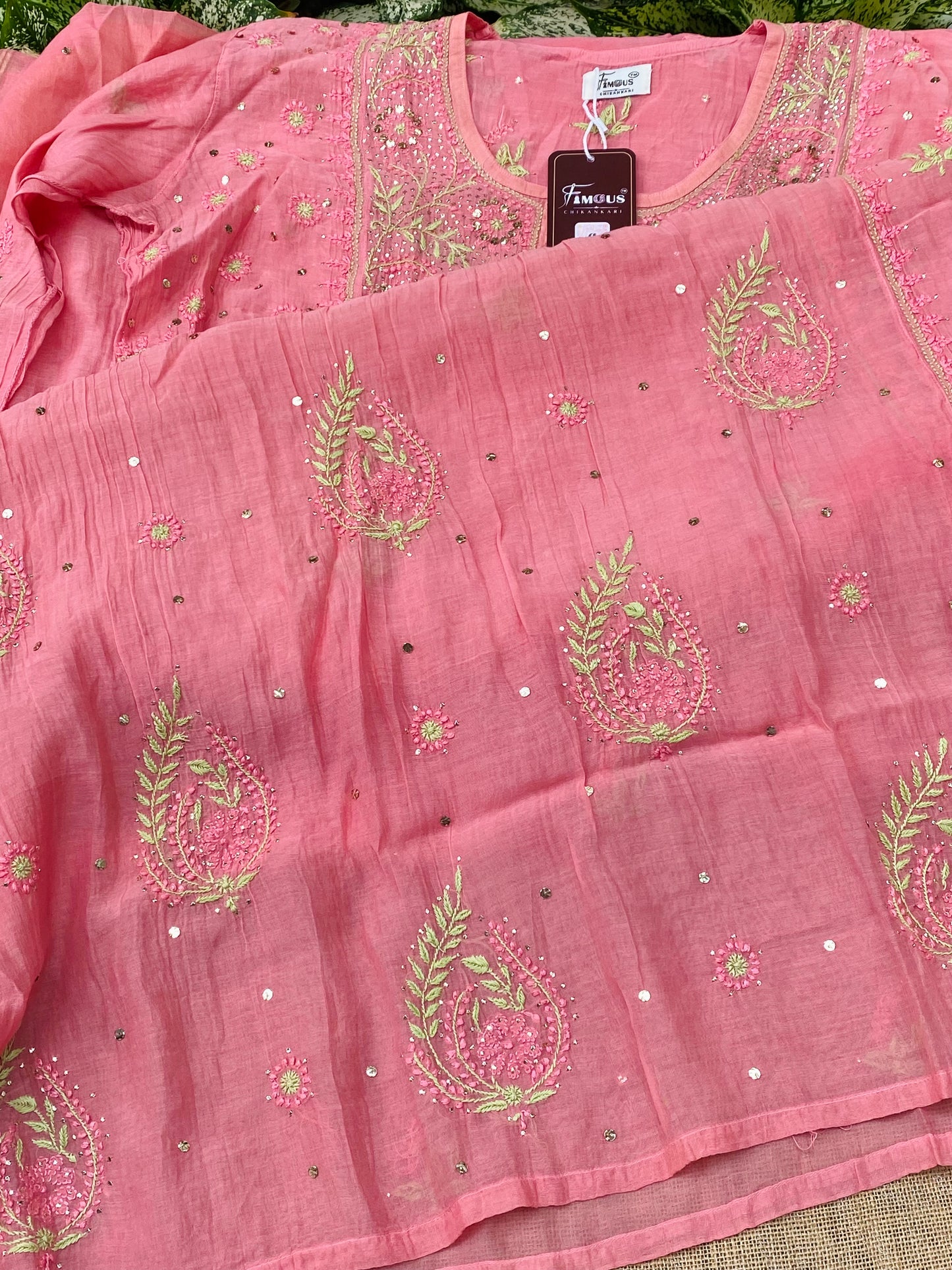 Zaraish Chikankari Semi-Stitched Mul Chanderi Gown With Dupatta-Peach