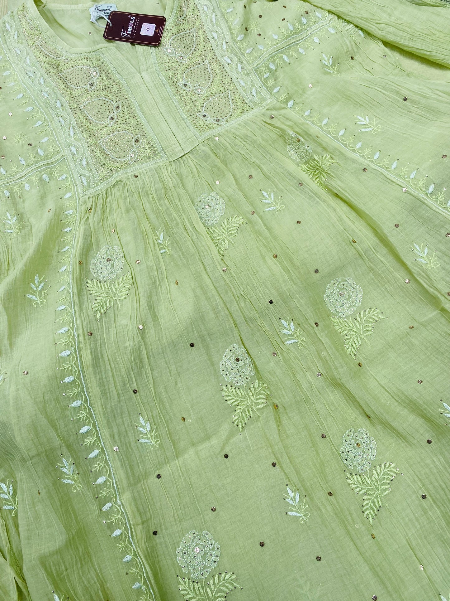 Zaraish Chikankari Semi-Stitched Mul Chanderi Gown With Dupatta-Pista Green