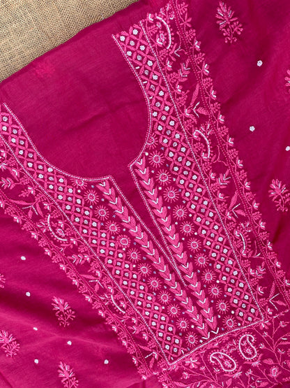 Mul Chanderi Chikankari Panel Work Unstitched Dress Material