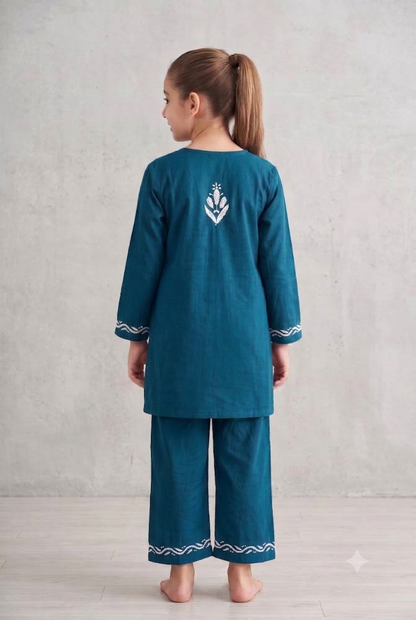 Little Jasmin - Navy Blue Chikankari Side Pleated Kidswear Set
