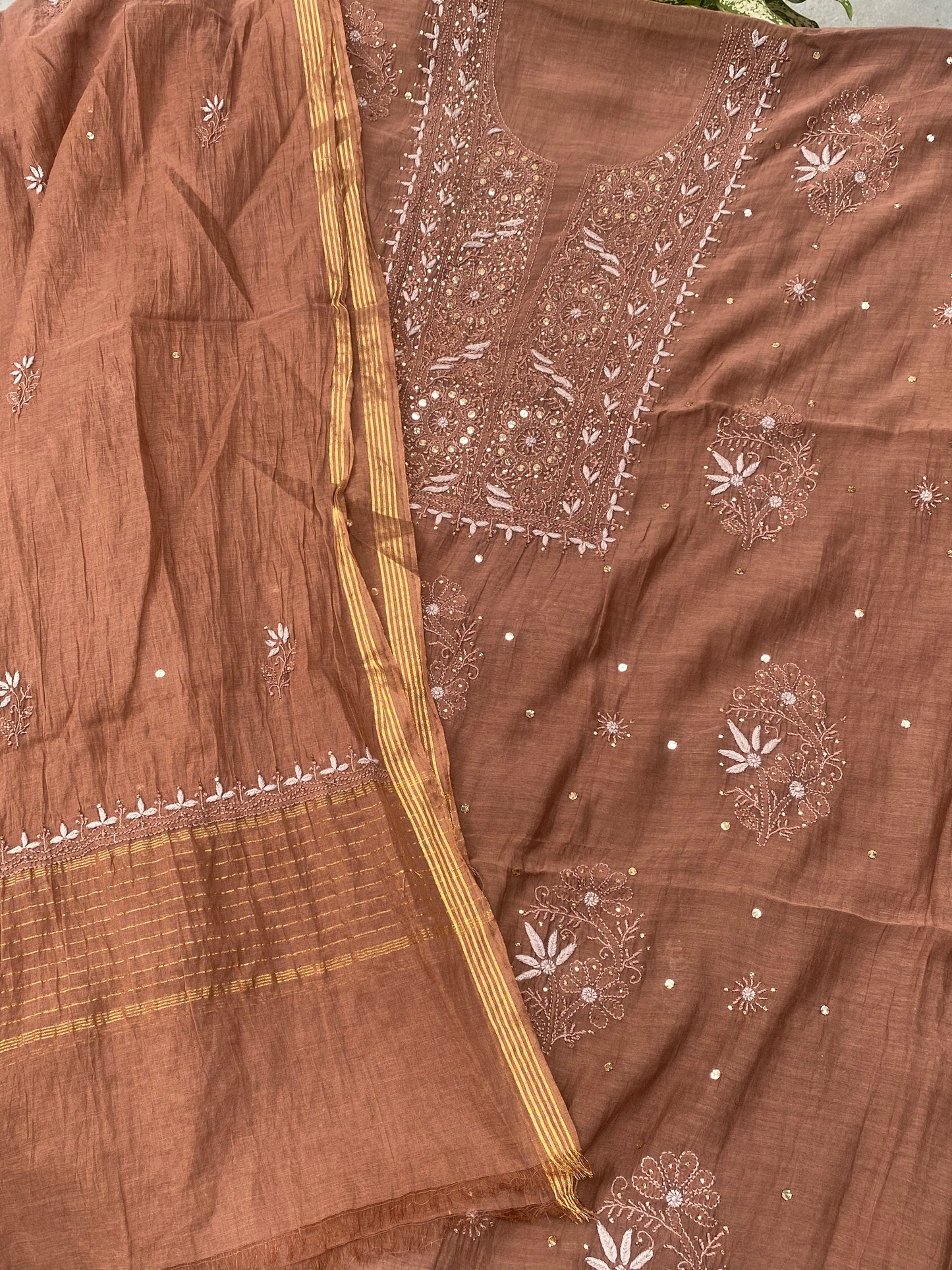 Noor-e-Mulmul Coffee Brown Chikankari Unstiched Set