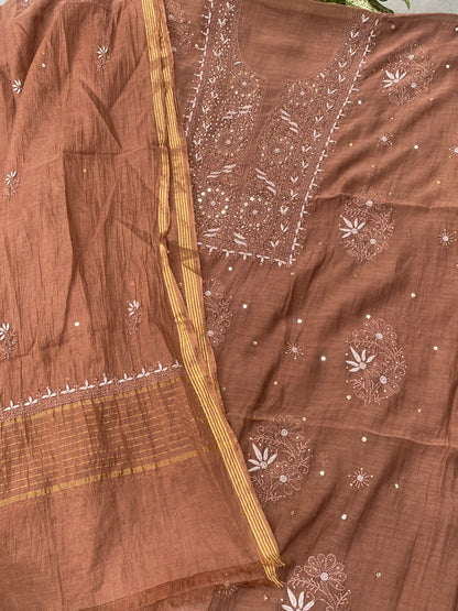Noor-e-Mulmul Coffee Brown Chikankari Unstiched Set