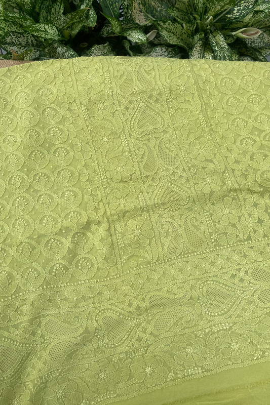 A close-up of a light olive green embroidered fabric with intricate floral and paisley lace patterns, laid flat with green foliage visible in the background.