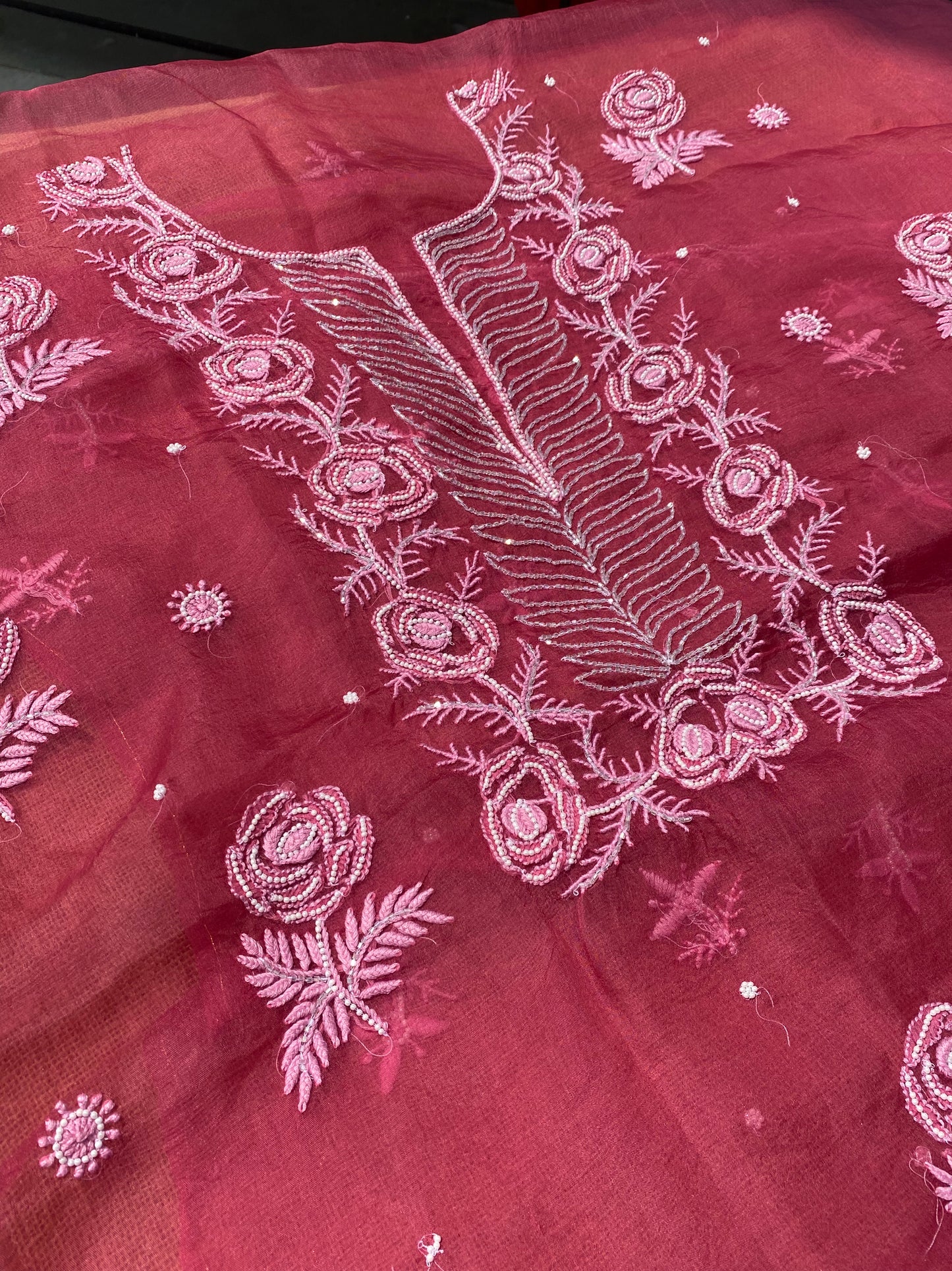 Meher Premium Organza Chikankari Unstiched Dress- Carrot Pink