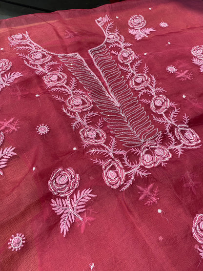 Meher Premium Organza Chikankari Unstiched Dress- Carrot Pink