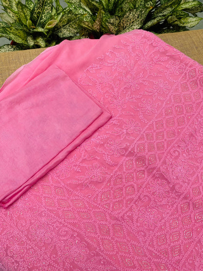 Rangrez Noor| Hot Pink Chikankari Unstitched Suit with Pearl Addons