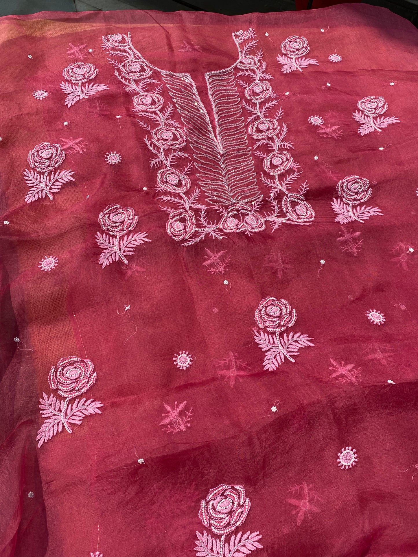 Meher Premium Organza Chikankari Unstiched Dress- Carrot Pink