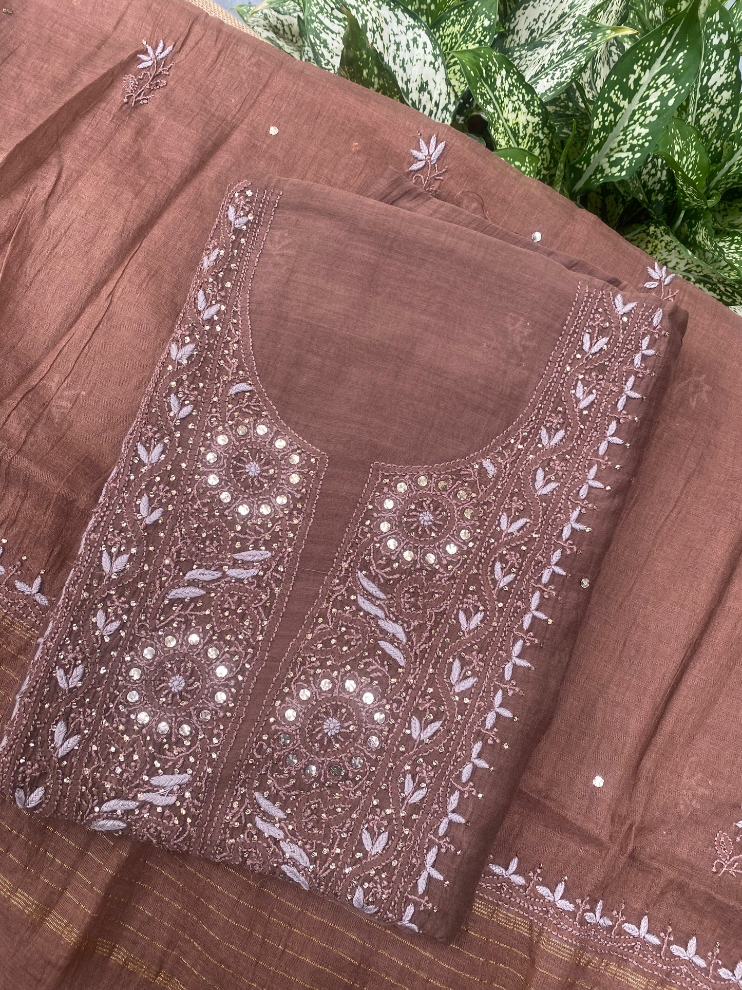 Noor-e-Mulmul Coffee Brown Chikankari Unstiched Set