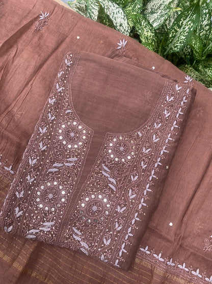 Noor-e-Mulmul Coffee Brown Chikankari Unstiched Set