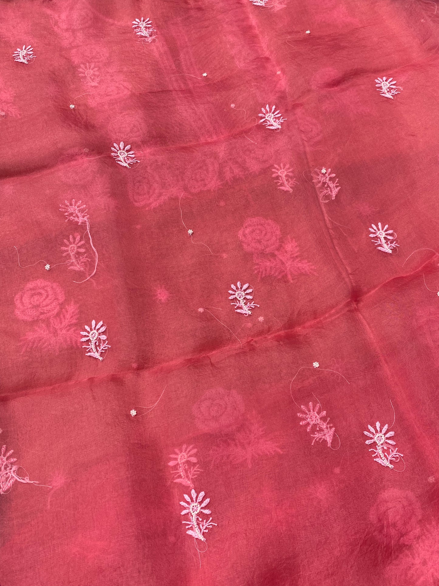 Meher Premium Organza Chikankari Unstiched Dress-Tomato Red