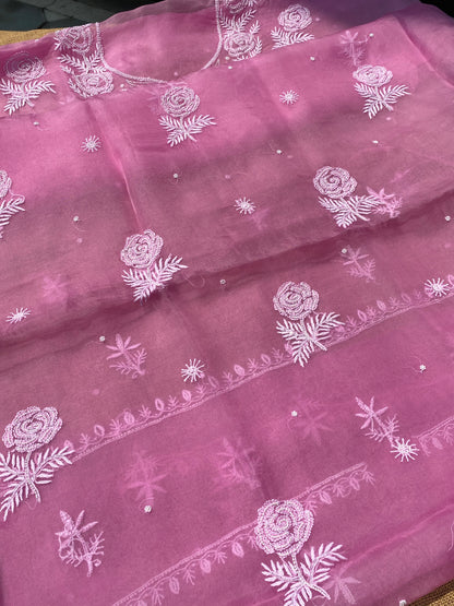 Meher Premium Organza Chikankari Unstiched Dress-Onion Pink