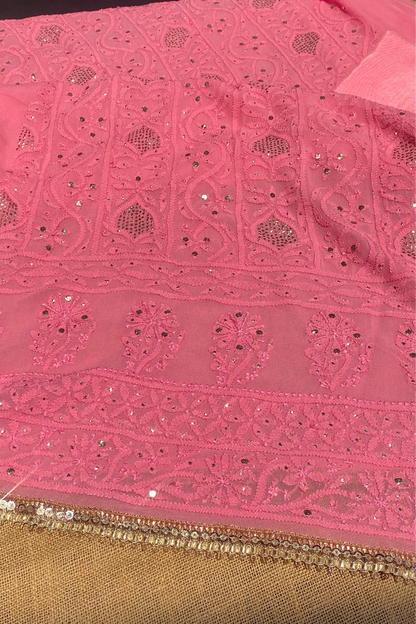 Sunehri Noor | Carrot Pink Chikankari Mukaish Unstitched Dress Set - Famous Chikankari