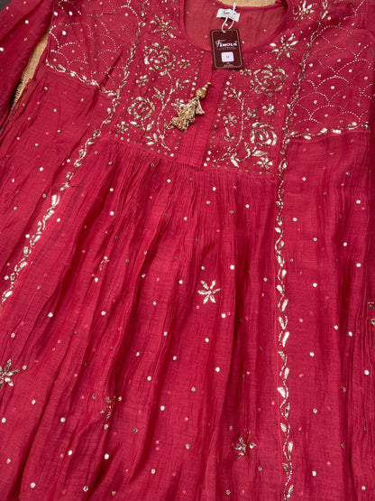 Roohani Semi Stitched Pitta Work Gown Dupatta Set - Red