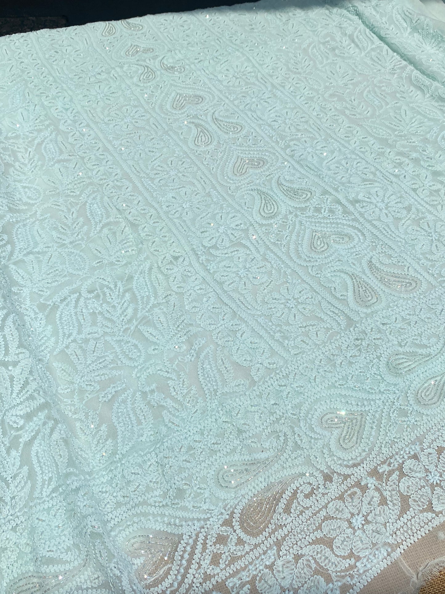 Rangrez Noor| Pale Sea Green Chikankari Unstitched Suit with Pearl Addons
