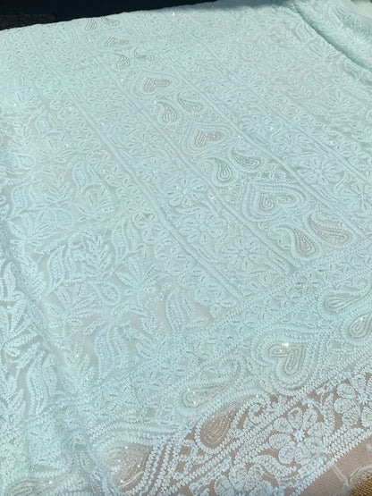 Rangrez Noor| Pale Sea Green Chikankari Unstitched Suit with Pearl Addons