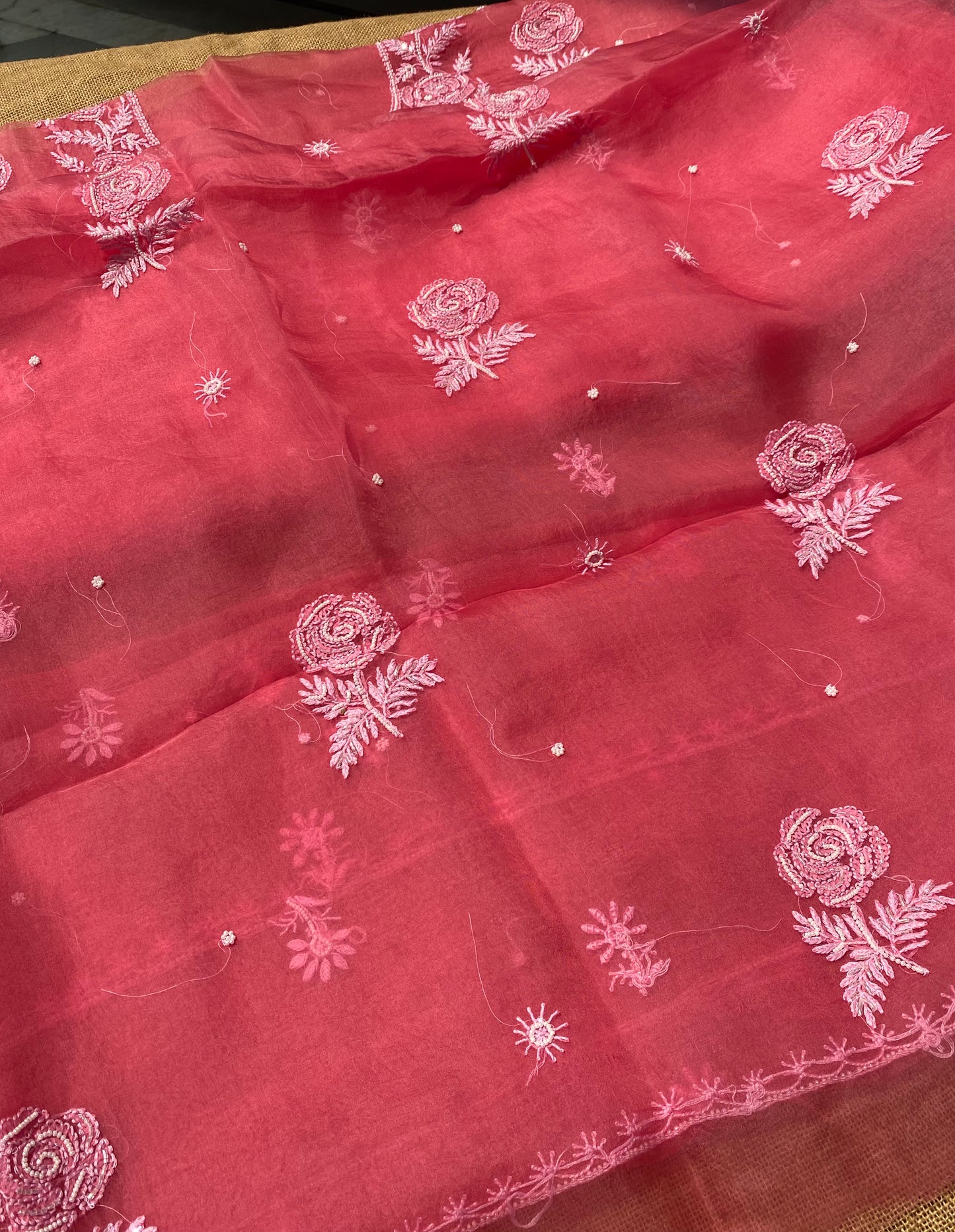 Meher Premium Organza Chikankari Unstiched Dress-Tomato Red