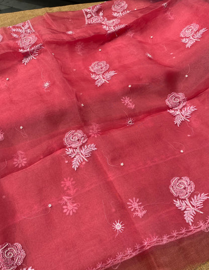 Meher Premium Organza Chikankari Unstiched Dress-Tomato Red