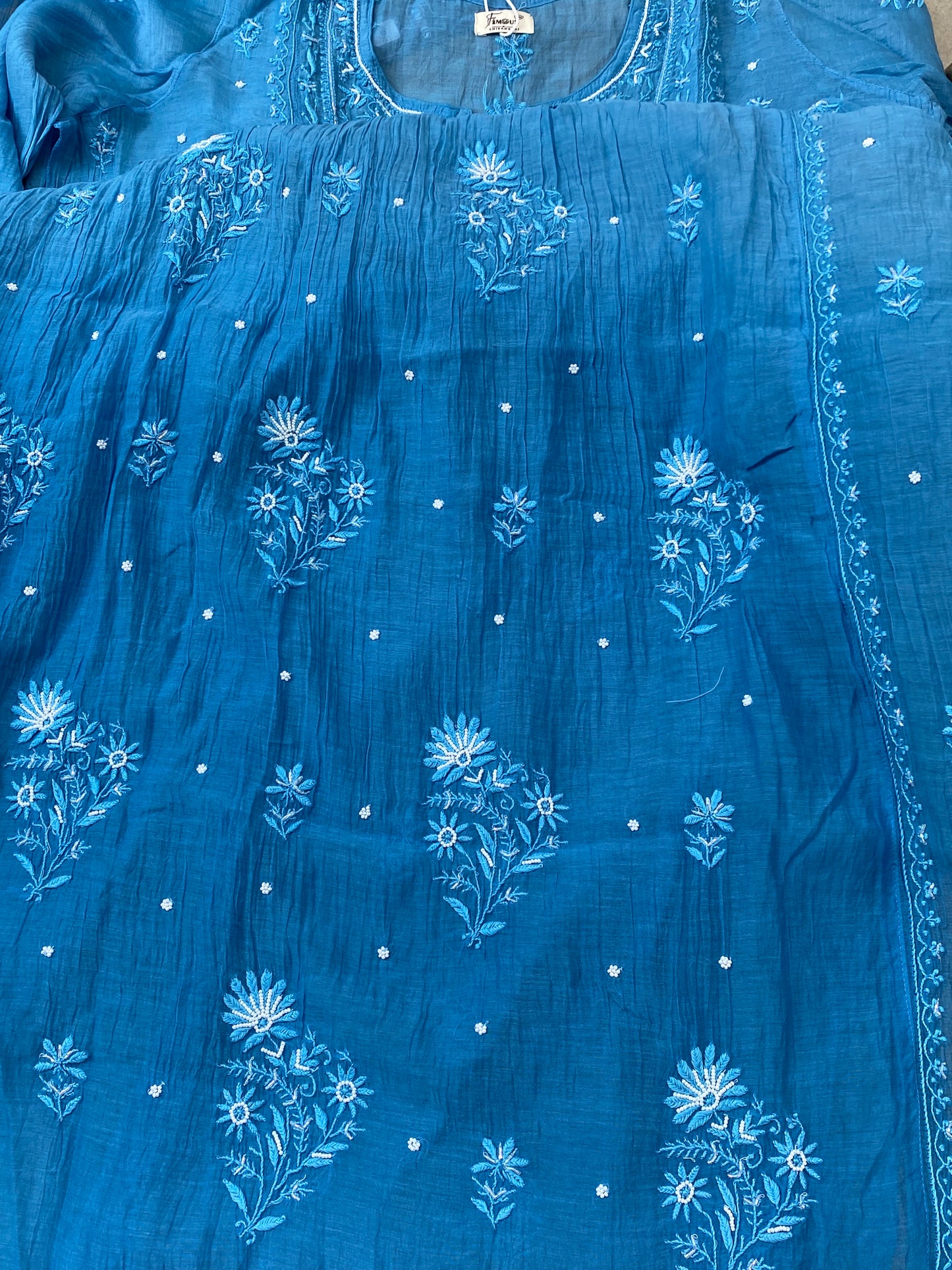 Rahat Blue Ombre Chikankari Semi-Stitched Gown with Dupatta