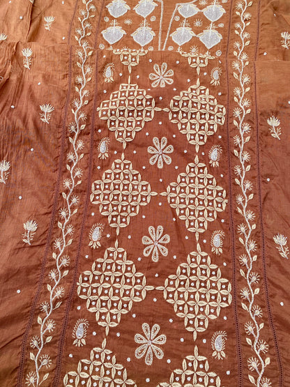 Semi-Stitched Chocolate Brown Ombre Chikankari Kurta & Dupatta
