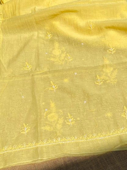 Yellow Mul Chanderi Chikankari Unstitched Dress - Famous Chikankari